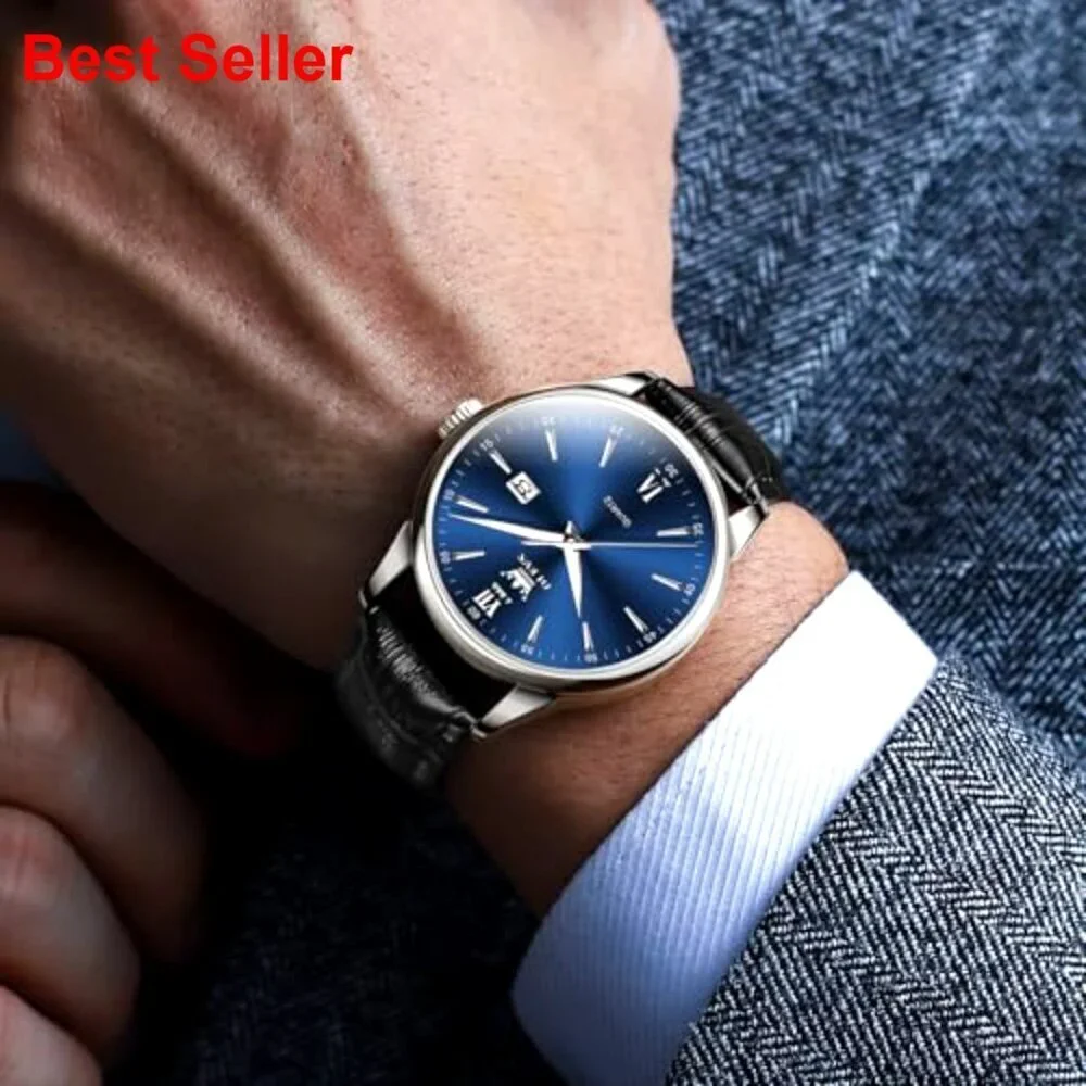 Men's Waterproof Analog Watch with Leather Band Roman Numerals